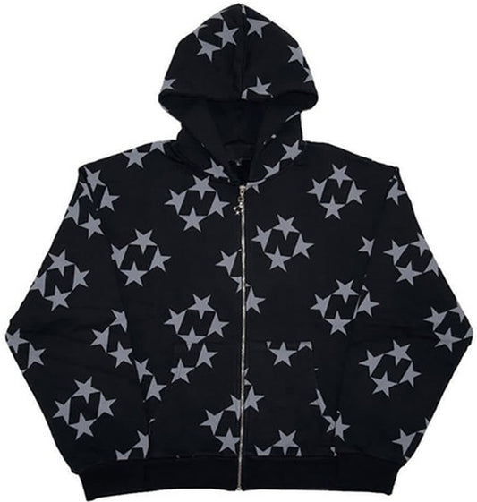 Stars Printed Zipper Hooded Cardigan Couple Fashion Outerwear Hoodies Sweatshirt Street Men Women Coat